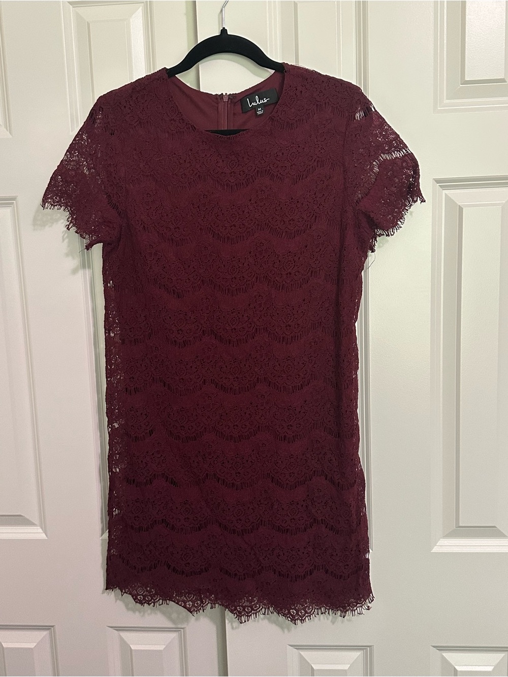 Lulu's Burgundy Lace Short Sleeve Shift Dress